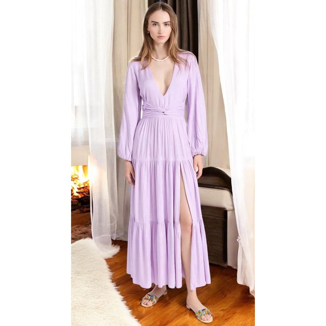 Nwt L*Space Hanna Deep V-Neck Balloon Sleeve Maxi Dress In Lily S Msrp $176
